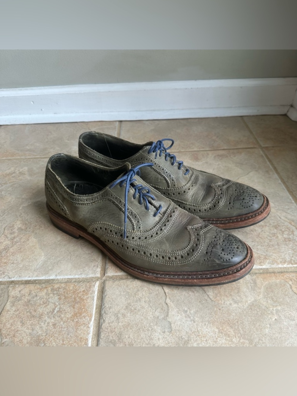 Allen Edmonds RIDGEWAY Gray Green Leather Wingtip Oxford Shoes NARROW